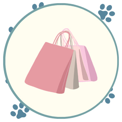 Online ShoppingIllustration of pink and beige shopping bags inside a teal circle, surrounded by blue paw prints; a playful, cheerful retail theme.