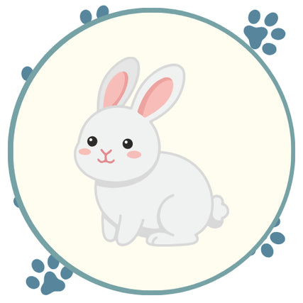 Small AnimalsCute gray cartoon rabbit with pink ears and cheeks sits inside a cream circle, surrounded by blue paw prints; playful, gentle tone.